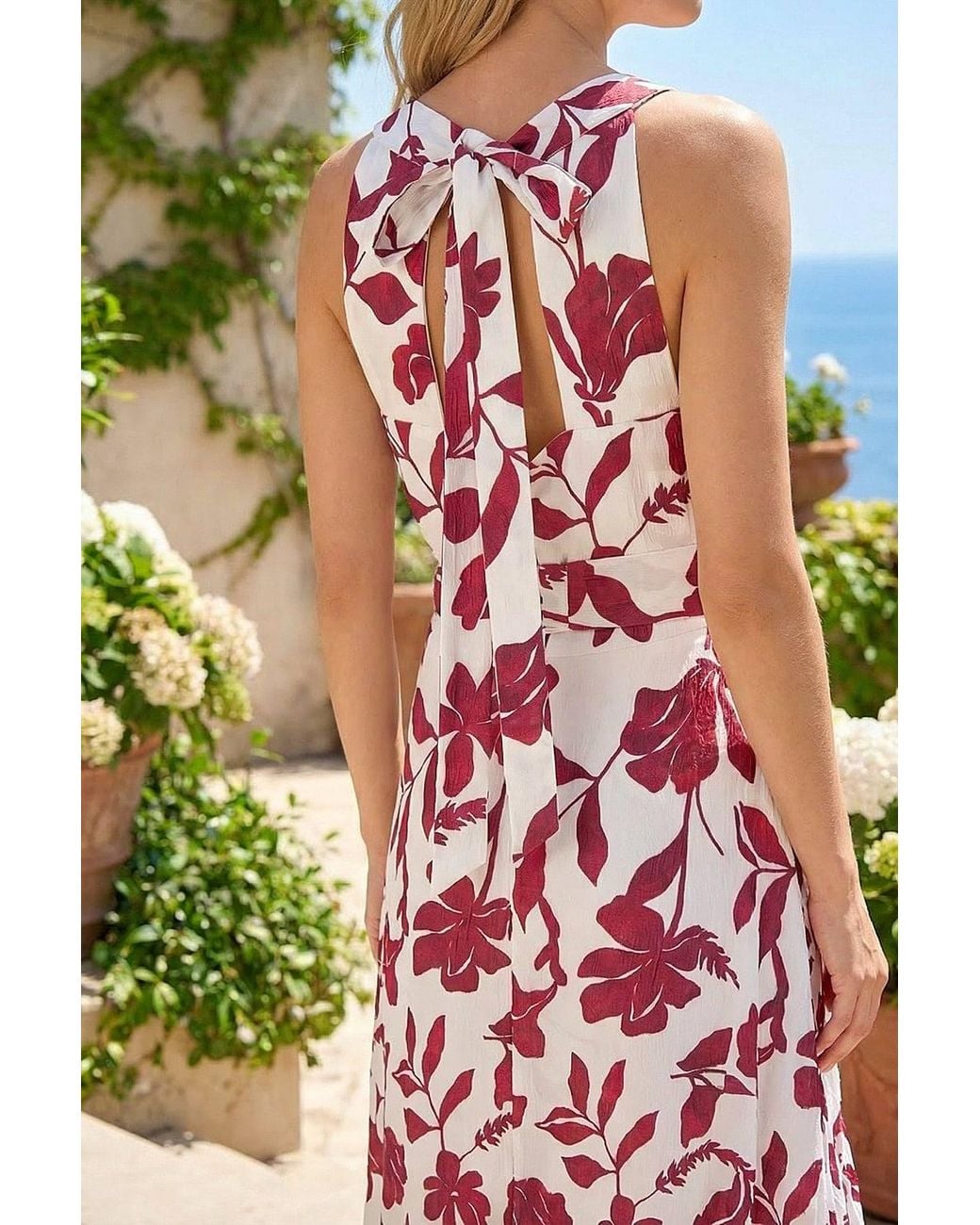 Roman Red Floral Jacquard Halter Neck Dress
