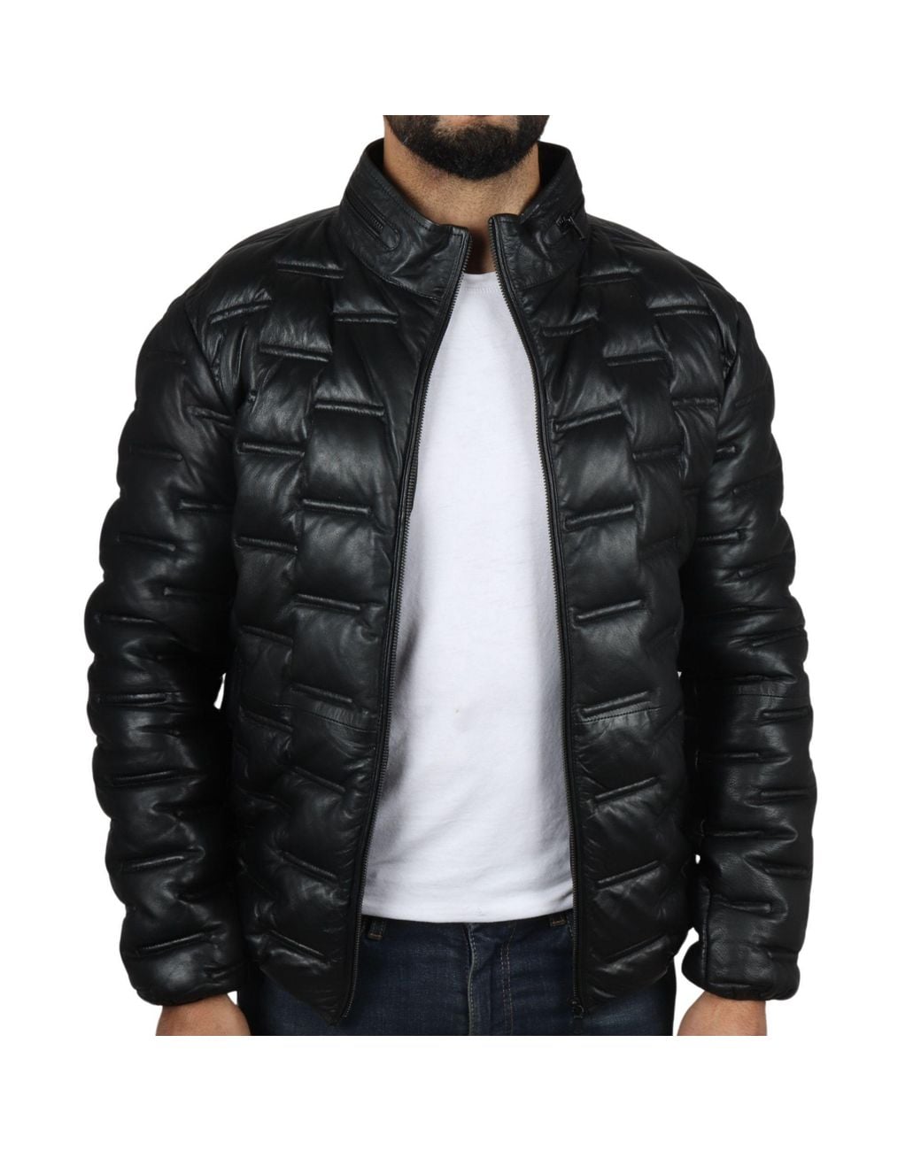 TruClothing Black Puffer Quilted Real Leather Waist Length Jacket for men