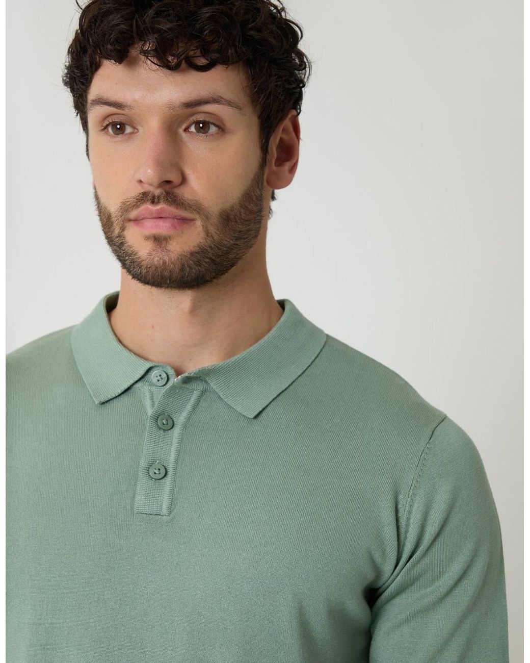Threadbare Green Knitted Long Sleeve Polo Jumper for men
