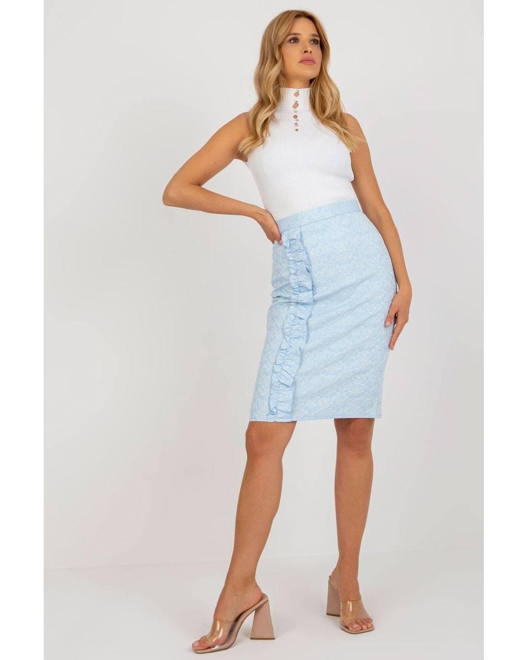 Love Lace Blue Textured Pencil Skirt With Front Ruffle