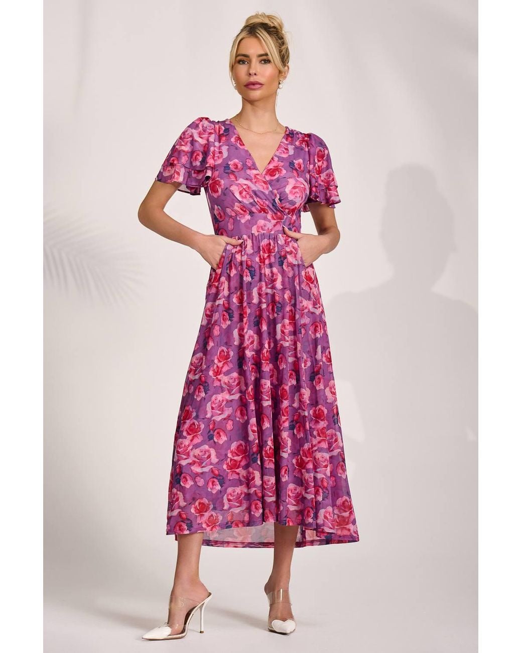 Jolie Moi Pink Angel Sleeve Mesh Midi Dress