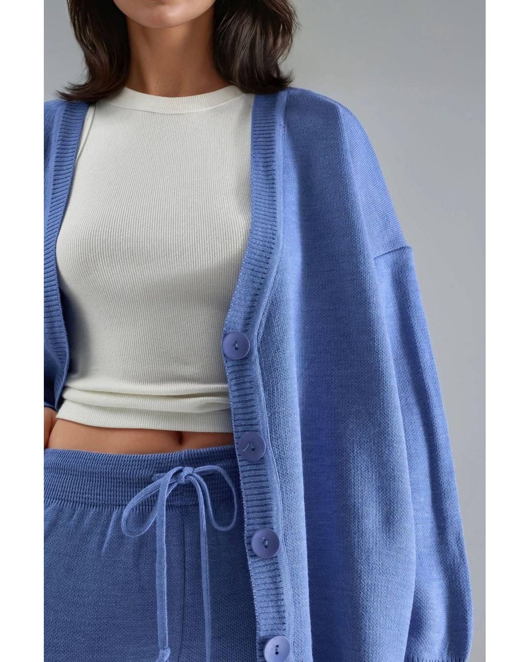 My Fashion Blue V-Neck Cardigan & Wide Leg Pants Knitwear Set