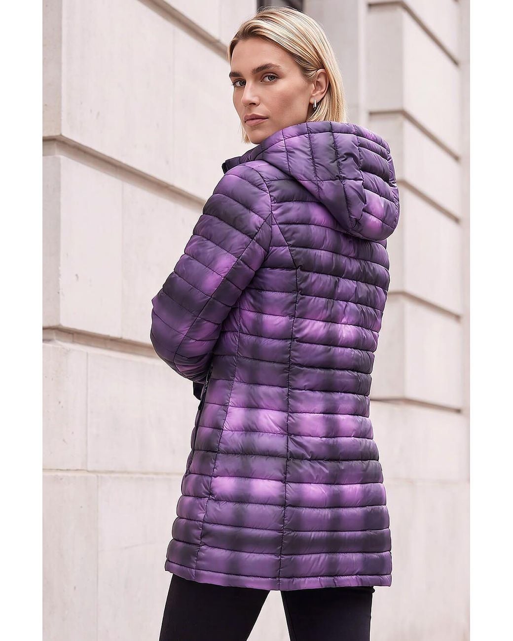 Roman Purple Check Print Quilted Puffer Coat