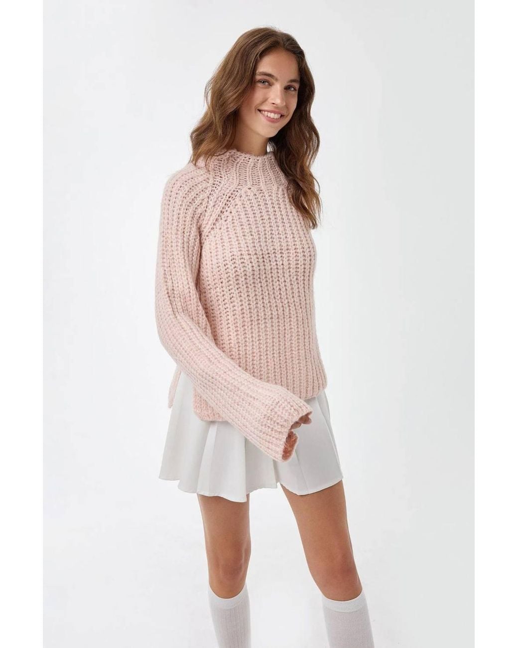 Hiccup Natural Oversized Textured Knit Sweater With Half Turtleneck
