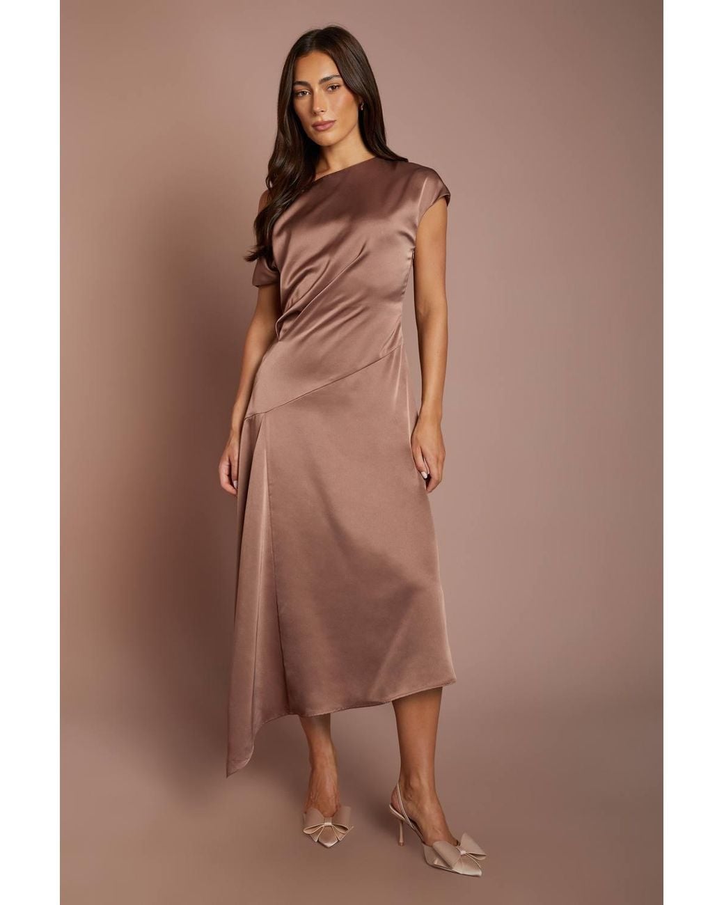 Coast Brown Off The Shoulder Asymmetric Hem Satin Midi Dress