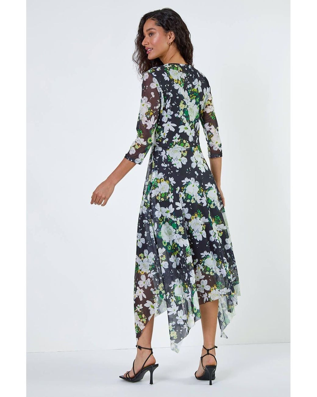 D.u.s.k Blue Abstract Stretch Mesh Hanky Hem Wrap Dress