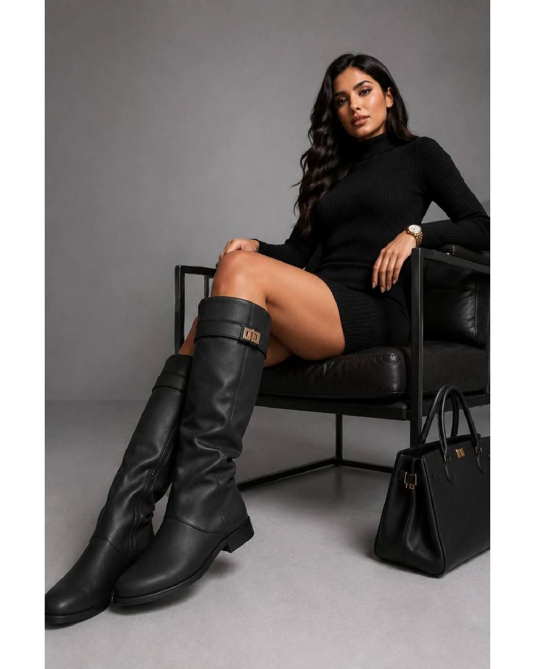 Miss Diva Black Isley Round Toe Trim Buckle Fold Over Knee High Pu Boots