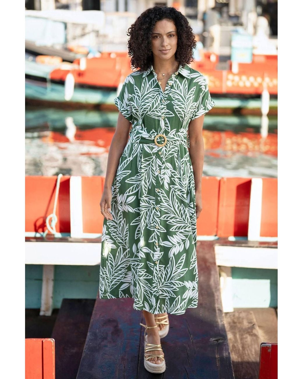 Yumi' Green Leaf Print Viscose Relaxed Midi Shirt Dress