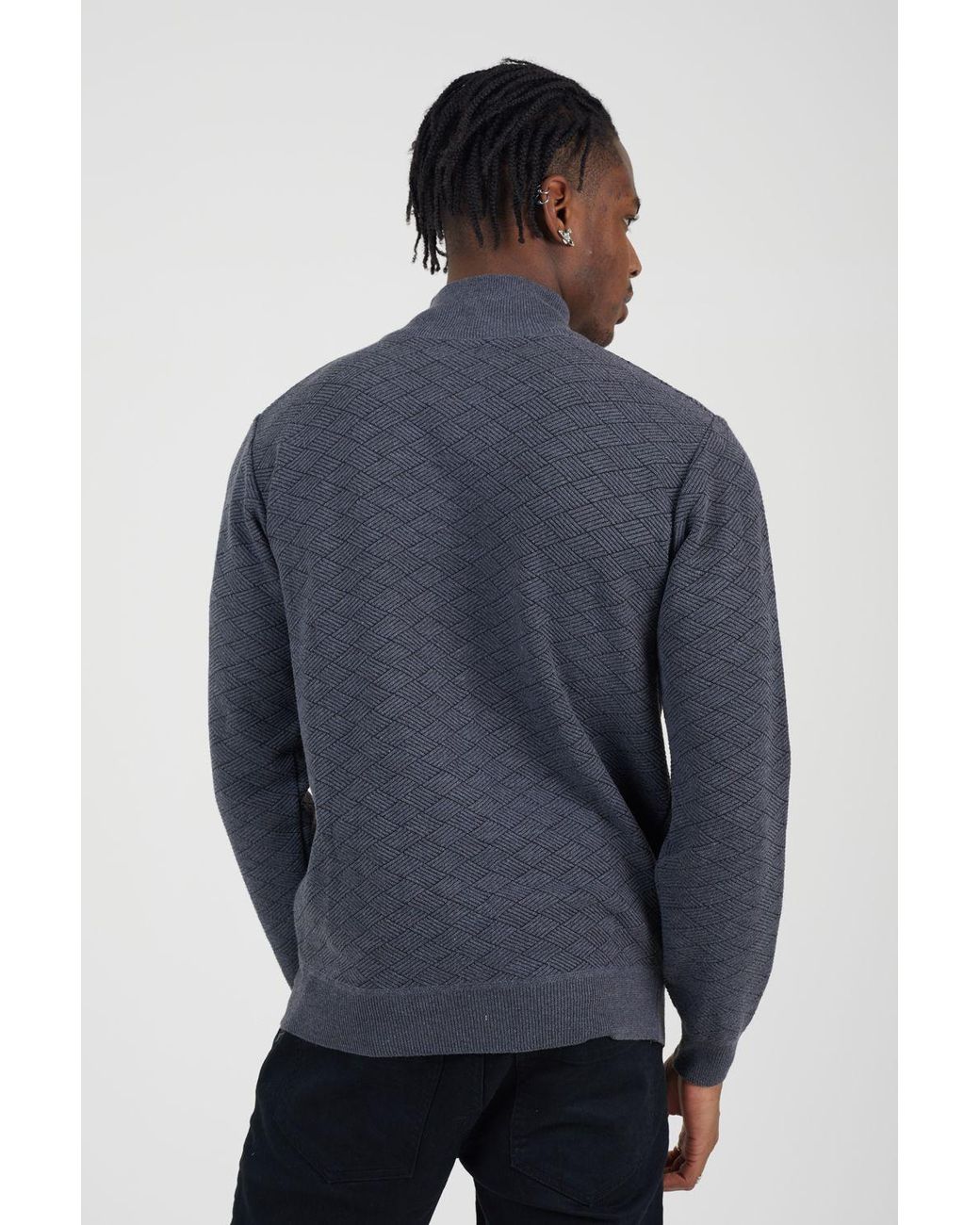 Brave Soul Blue Quarter Zip Funnel Neck Textured Knit Jumper for men