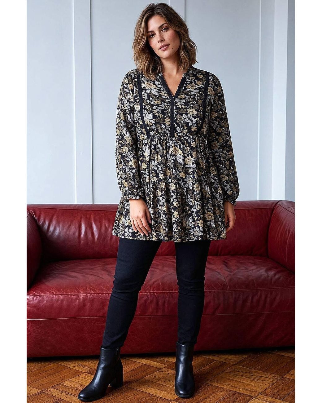 Roman Black Curve Floral Woven Tunic Top