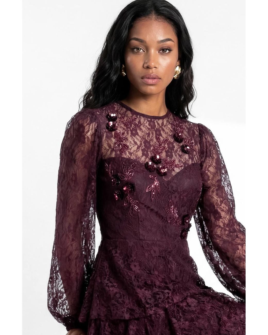 Maya Deluxe Purple Floral Embellished Blouson Sleeve Tiered Lace Maxi Dress