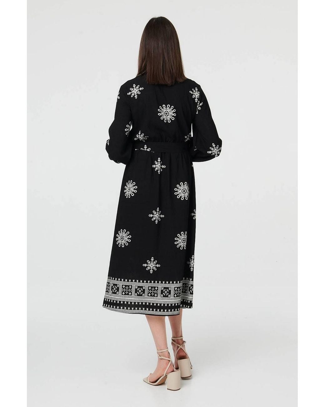 Izabel London Black Border Print Tie Waist Midi Wrap Dress