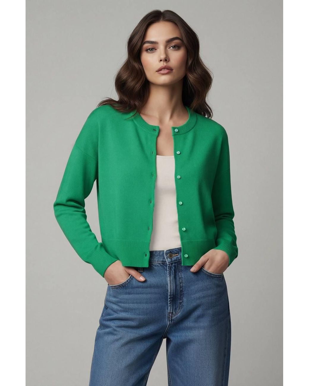 Lands' End Green Fine Gauge Cropped Cotton Cardigan