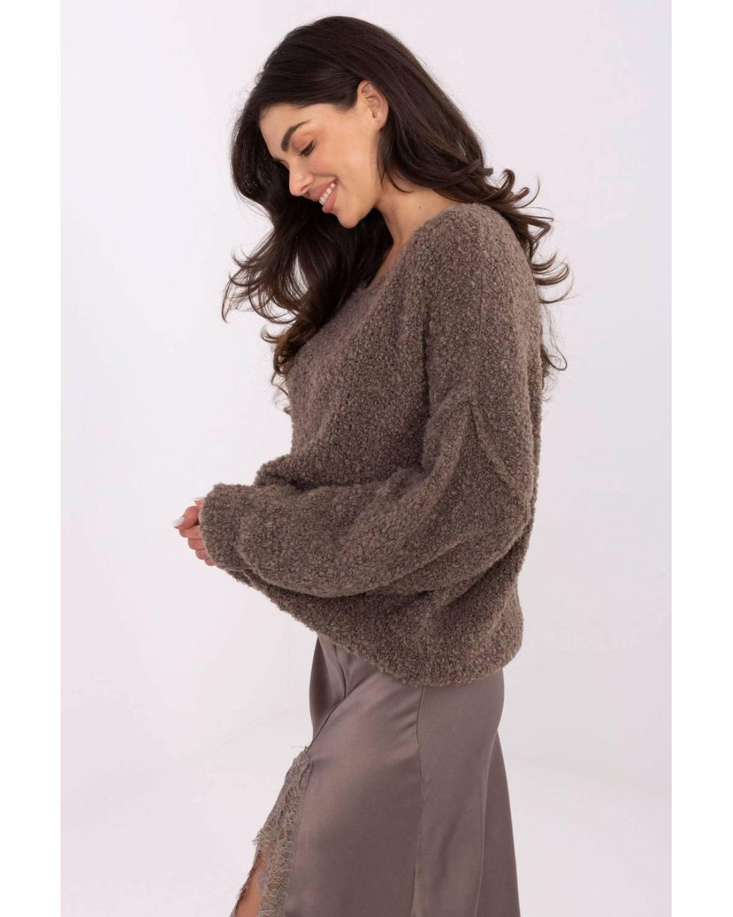 Love Lace Brown Boucle Knit Sweater With Decorative Stitching