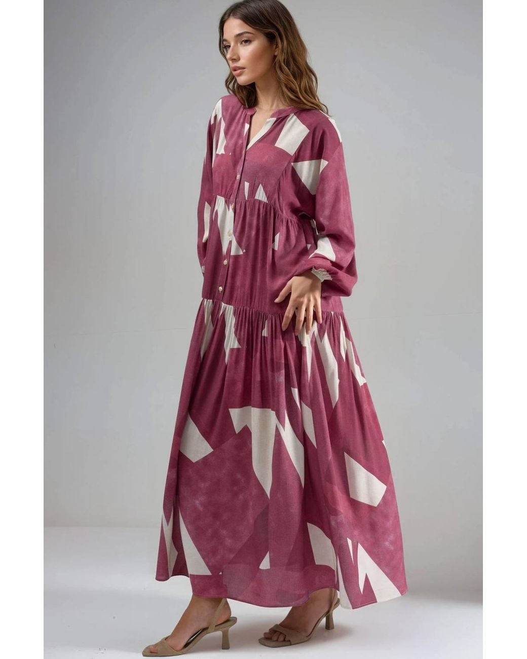 Hiccup Red Printed Long Sleeve Viscose Maxi Dress