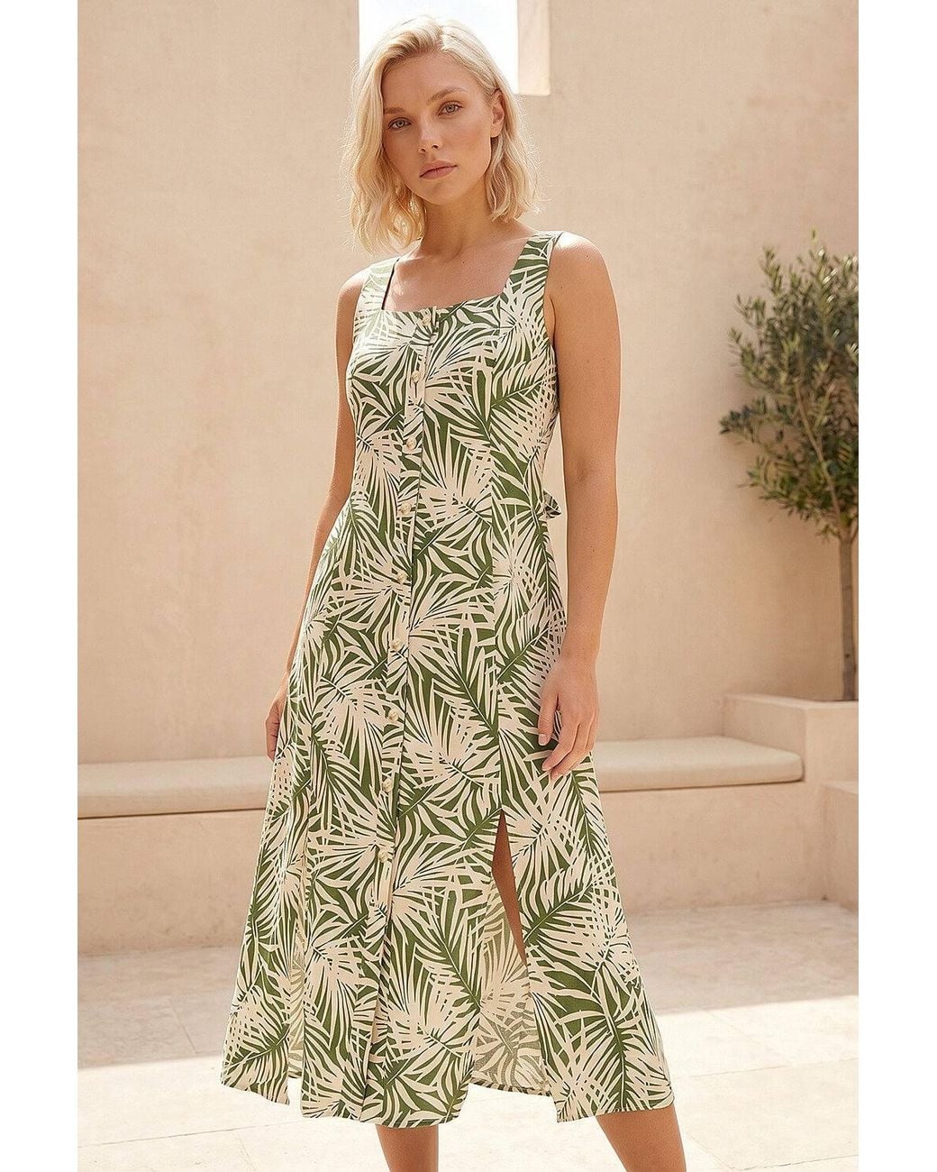 Roman Natural Petite Leaf Print Button Midi Dress