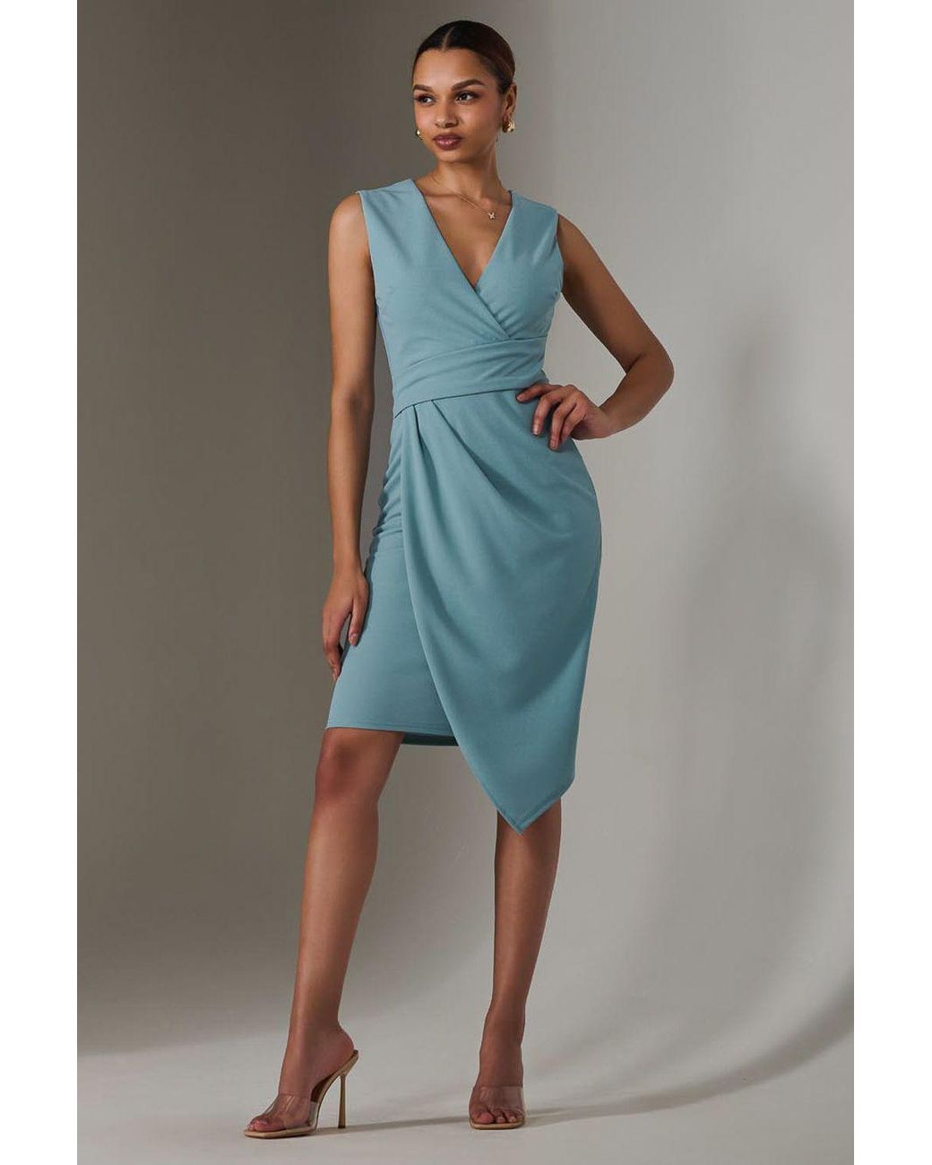 Jolie Moi Blue Sleeveless Wrap Front Midi Dress