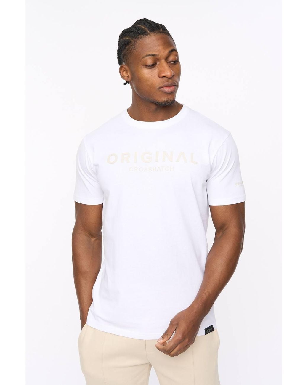 Crosshatch White Bardon Crew Neck Cotton T-Shirt With High Build Chest Print for men