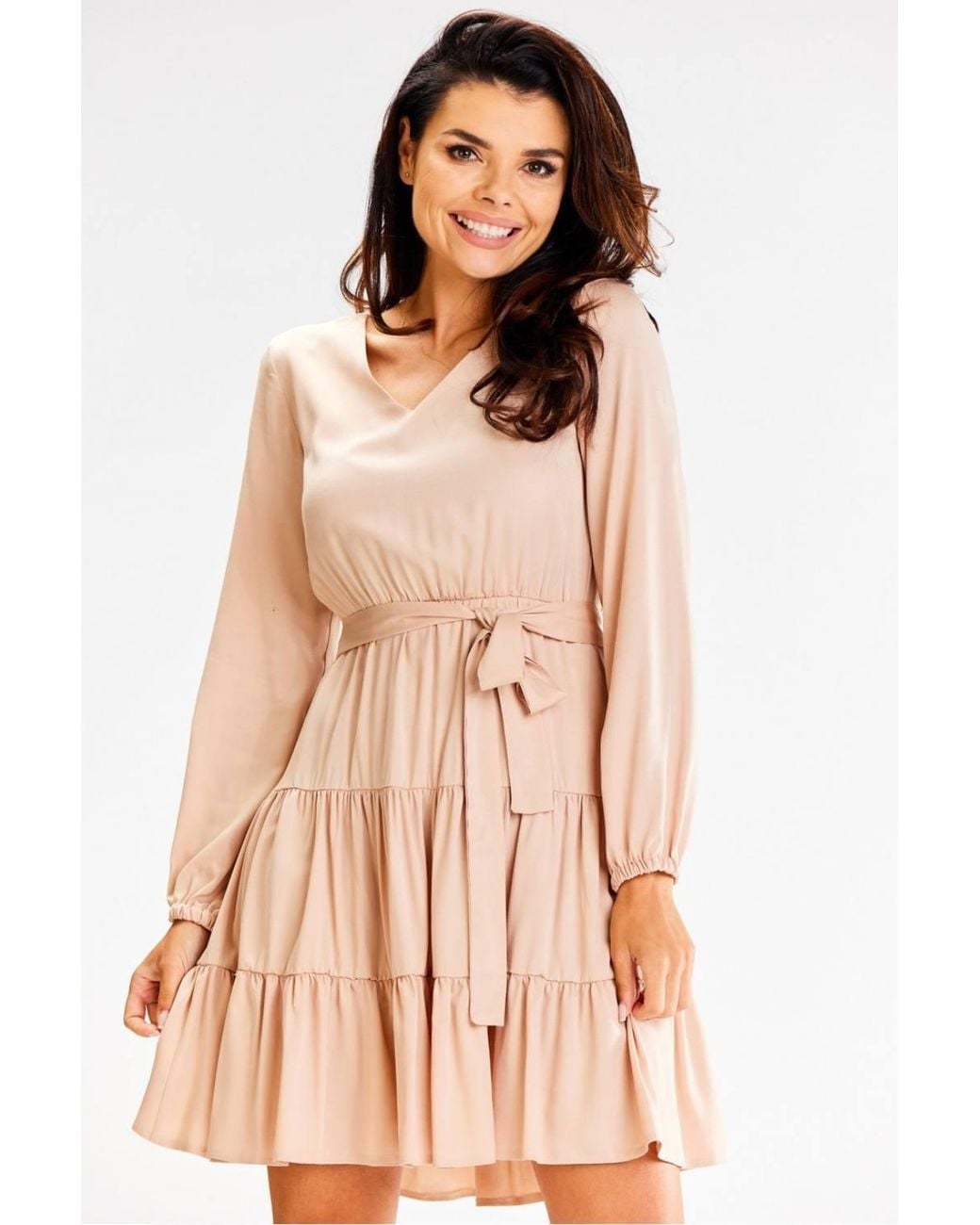 Love Lace Natural Long Sleeve Ruffle Flared Dress Elastic Waist Belt