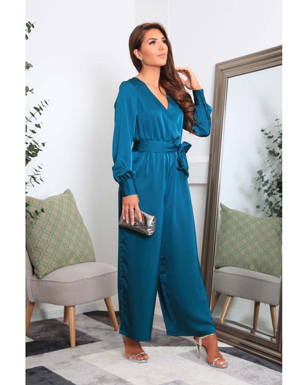Double Second Blue Lux Satin Wrap Jumpsuit