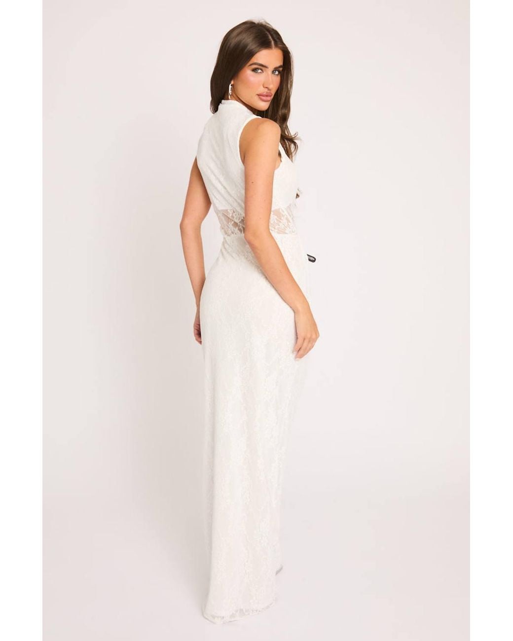 Rebellious Fashion White Lace High Neck Keyhole Detail Maxi Dress
