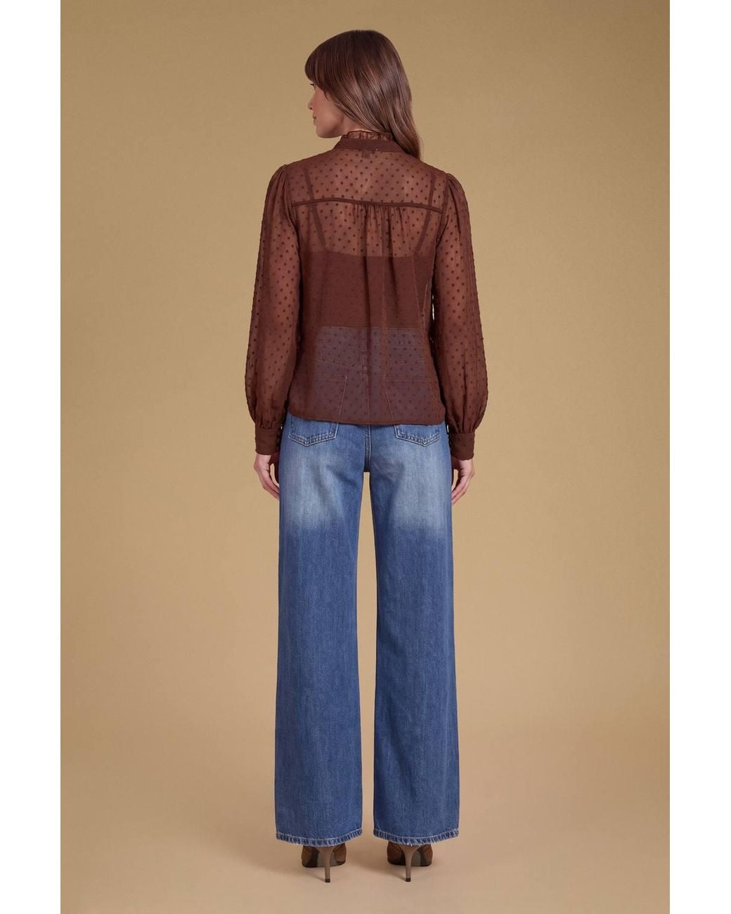 Oasis Blue Dobby Chiffon Trim Detail Button Down Blouse