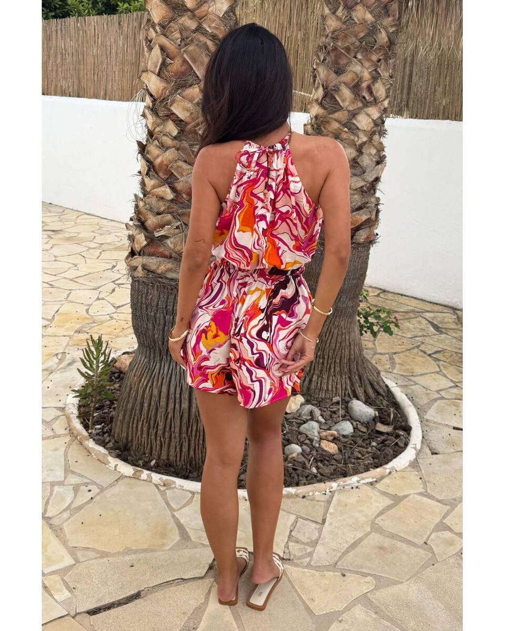 AX Paris Multi Water Marble Print Tie Racer Neck Shirred Waist Playsuit