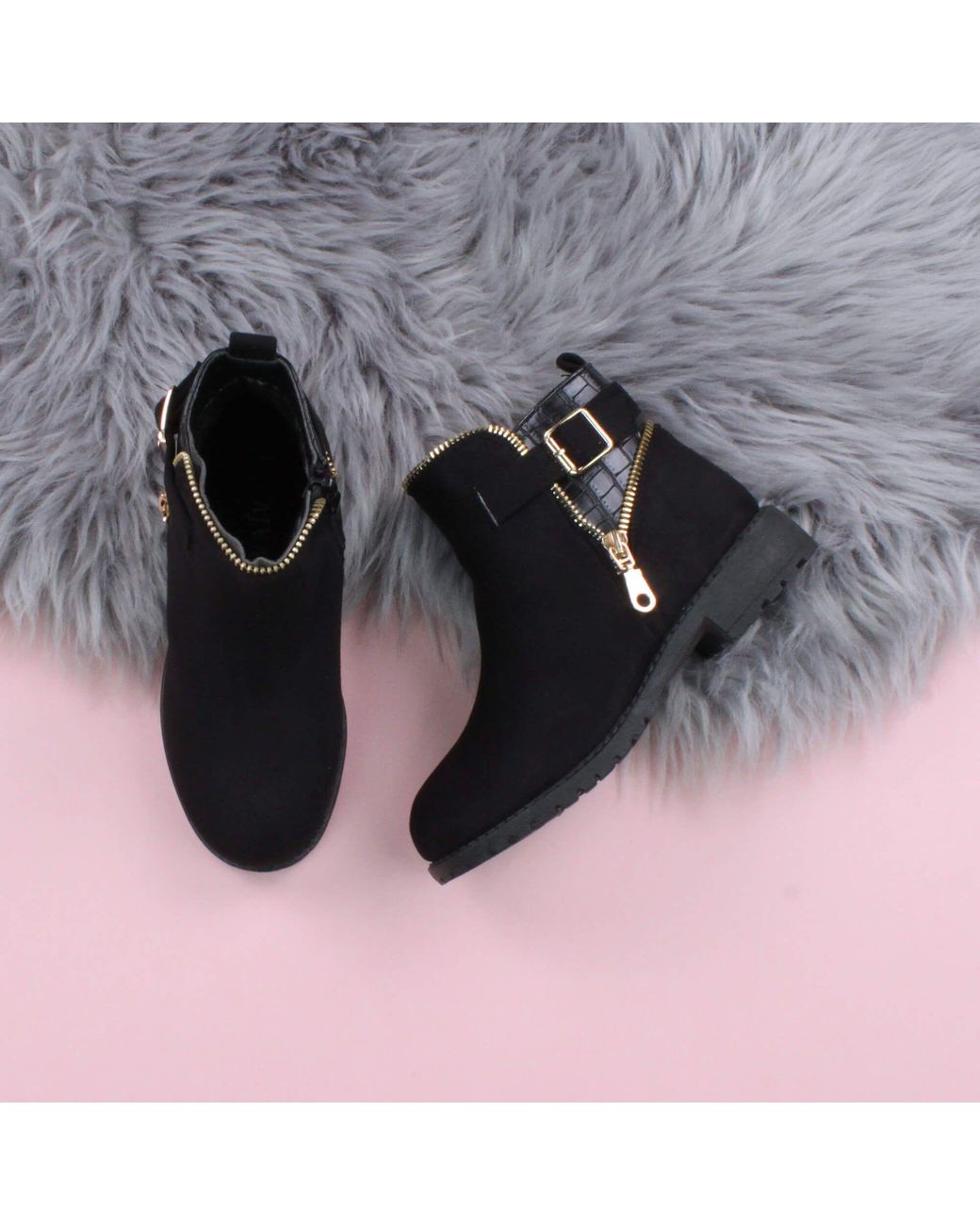 AJVANI Black Flat Heel Zip Biker Faux Suede Ankle Boots