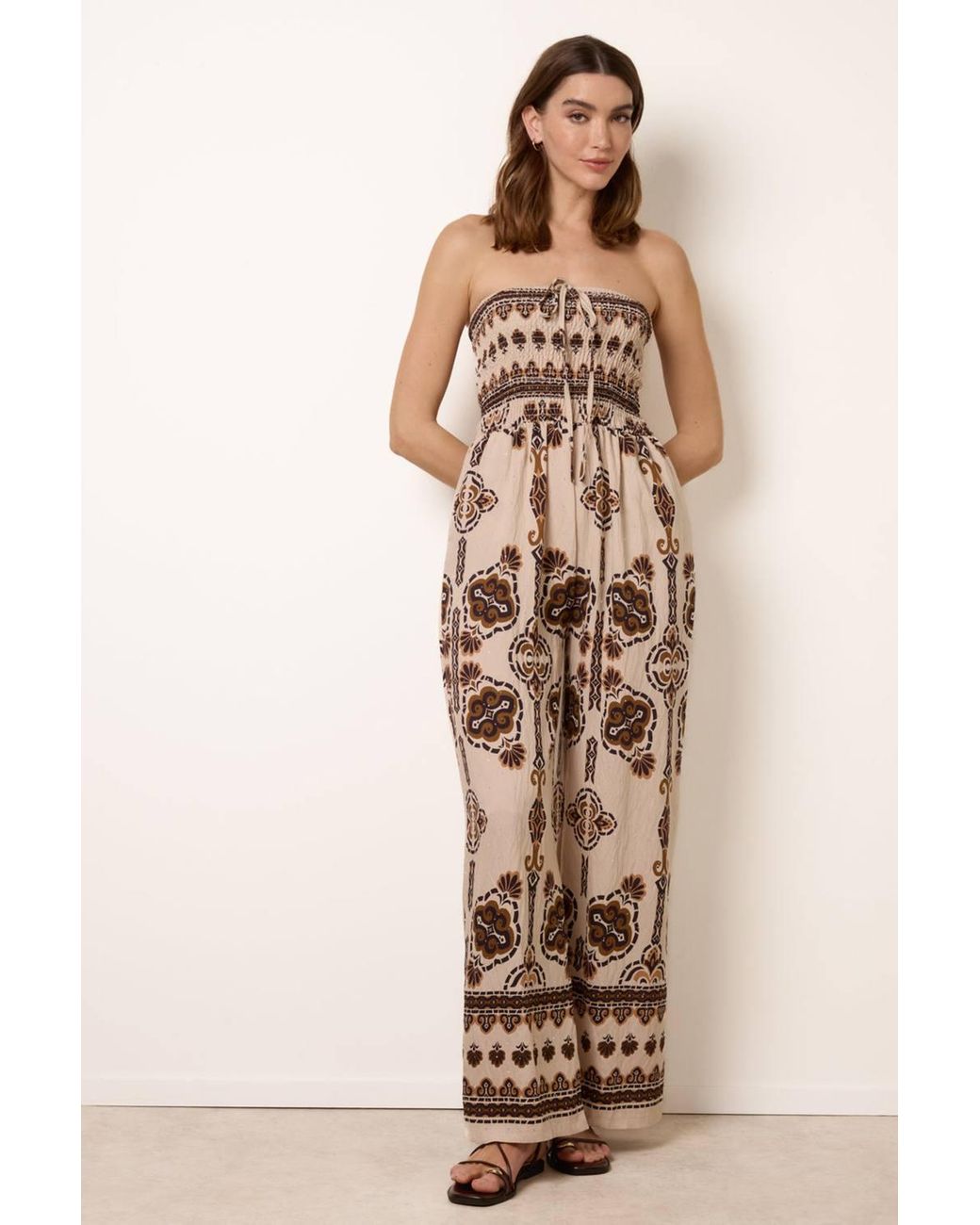 Blue Vanilla Natural Shirred Waist Sleeveless Tie Jumpsuit