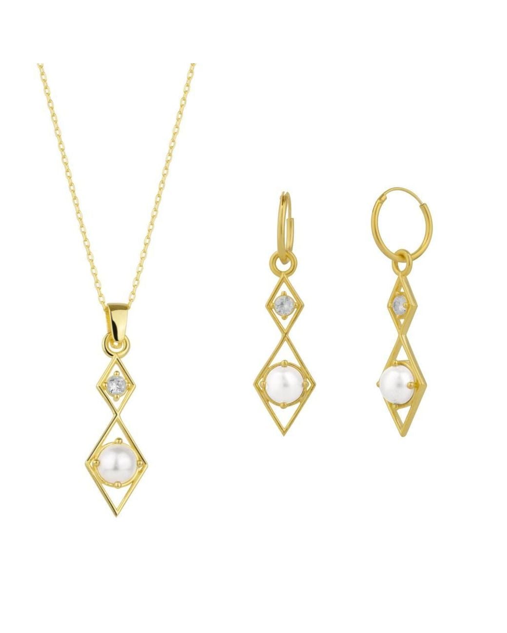 Spero London Metallic Sterling Rhombus 3D Pearl Necklace & Earring Set