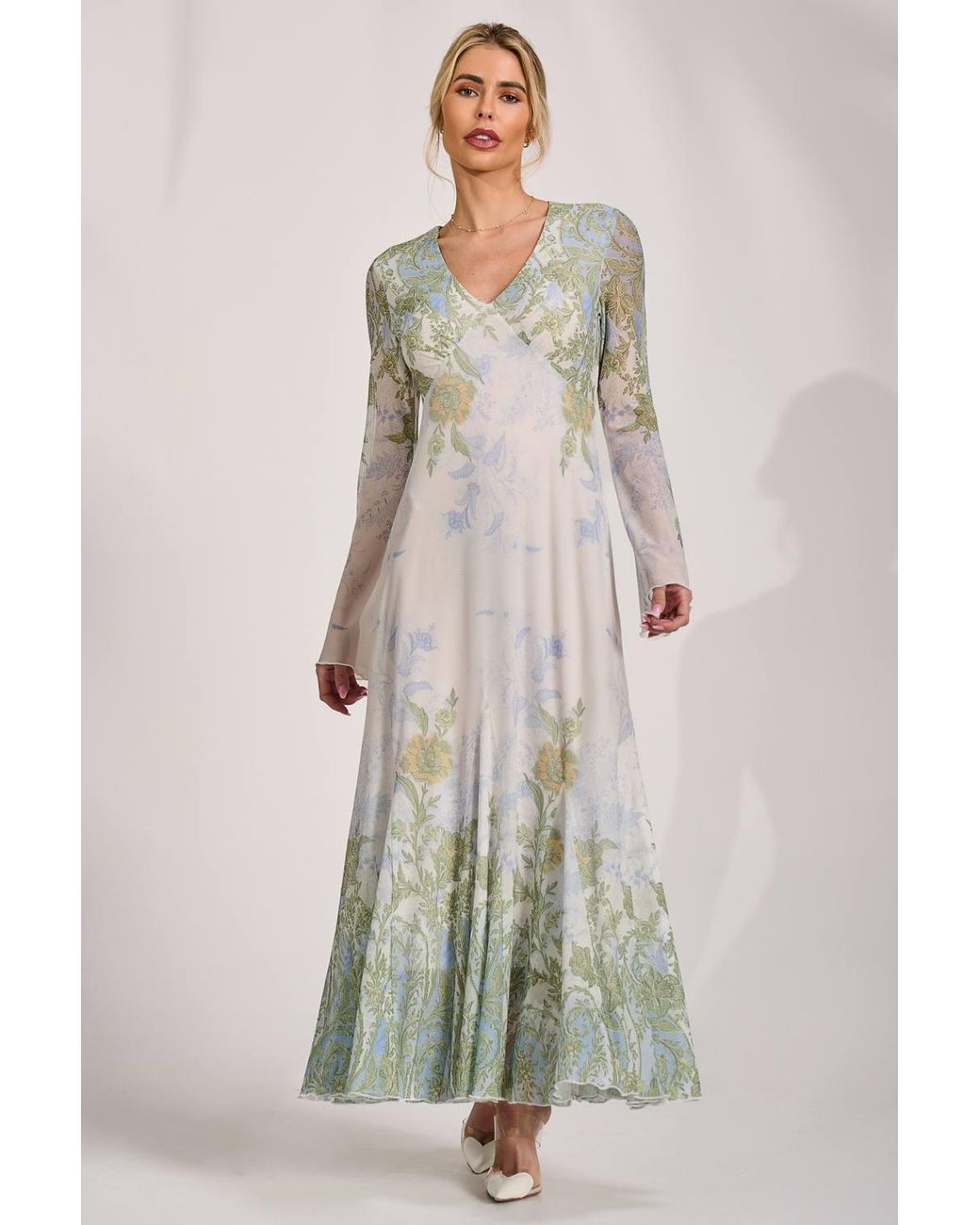 Jolie Moi Natural Long Sleeve Godet Mesh Maxi Dress
