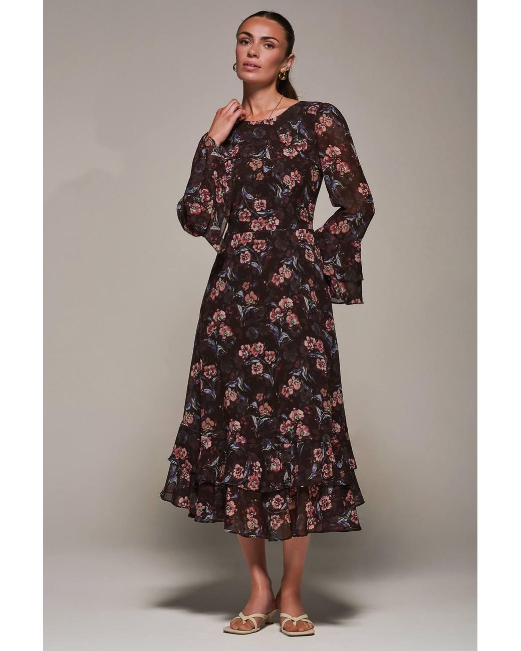 Jolie Moi Brown Long Sleeve Chiffon Frill Midaxi Dress