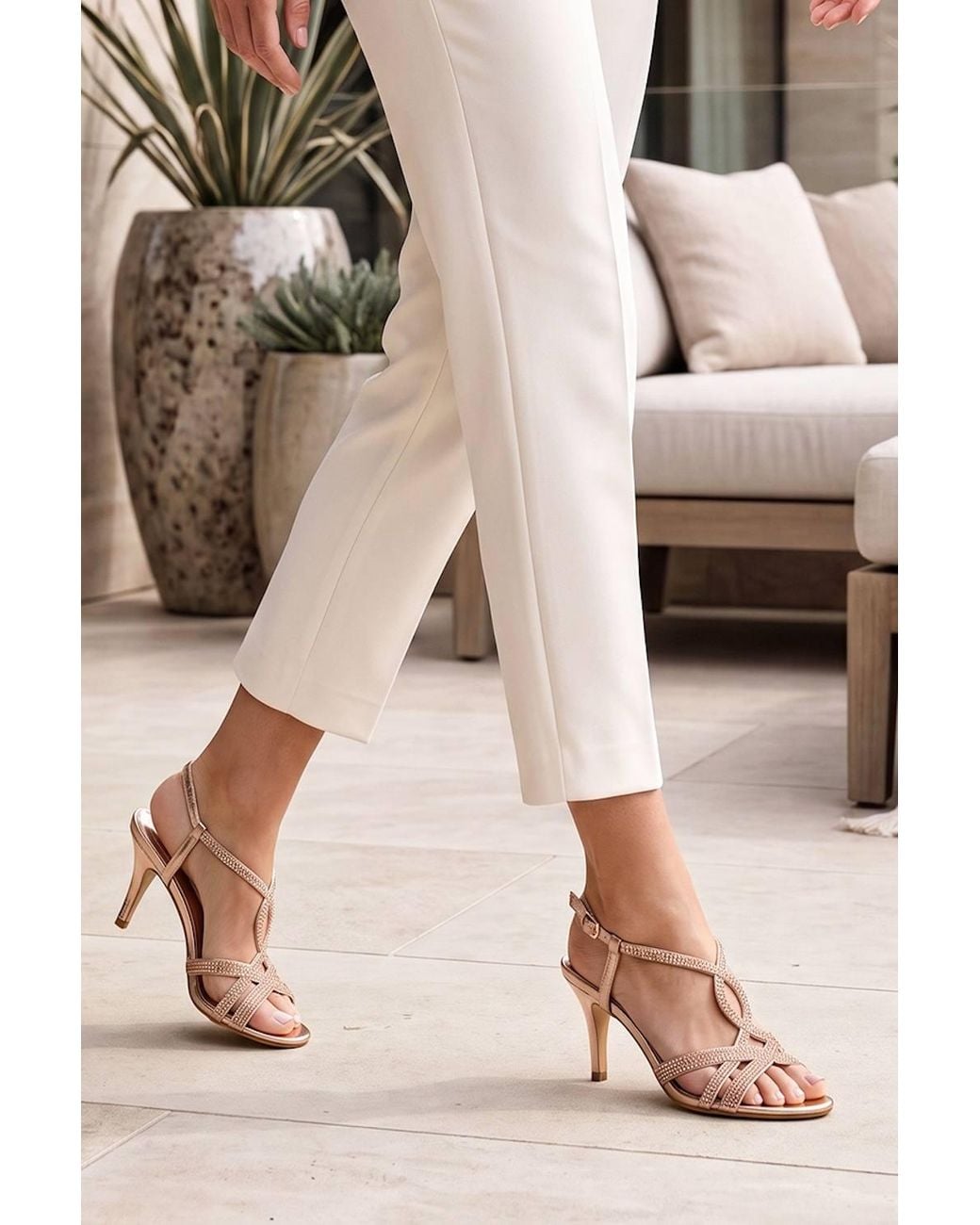 Spot on Natural Diamante Strappy Kitten Heel Occasion Sandals