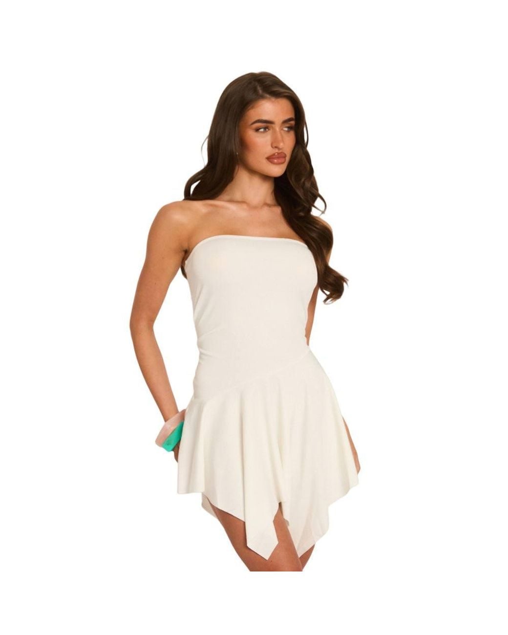 Rebellious Fashion Natural Bandeau Asymmetric Frill Hem Mini Dress