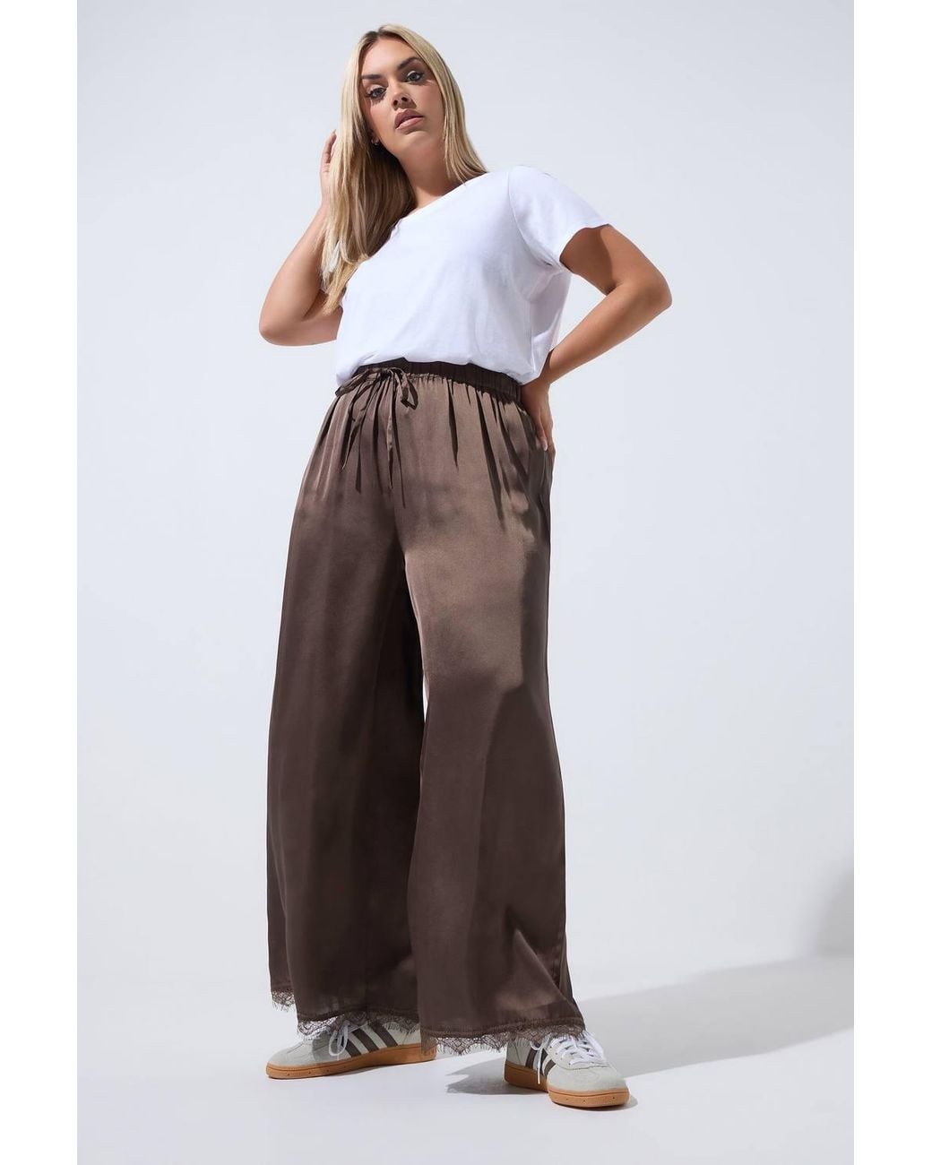 Yours Brown Satin Lace Hem Trousers