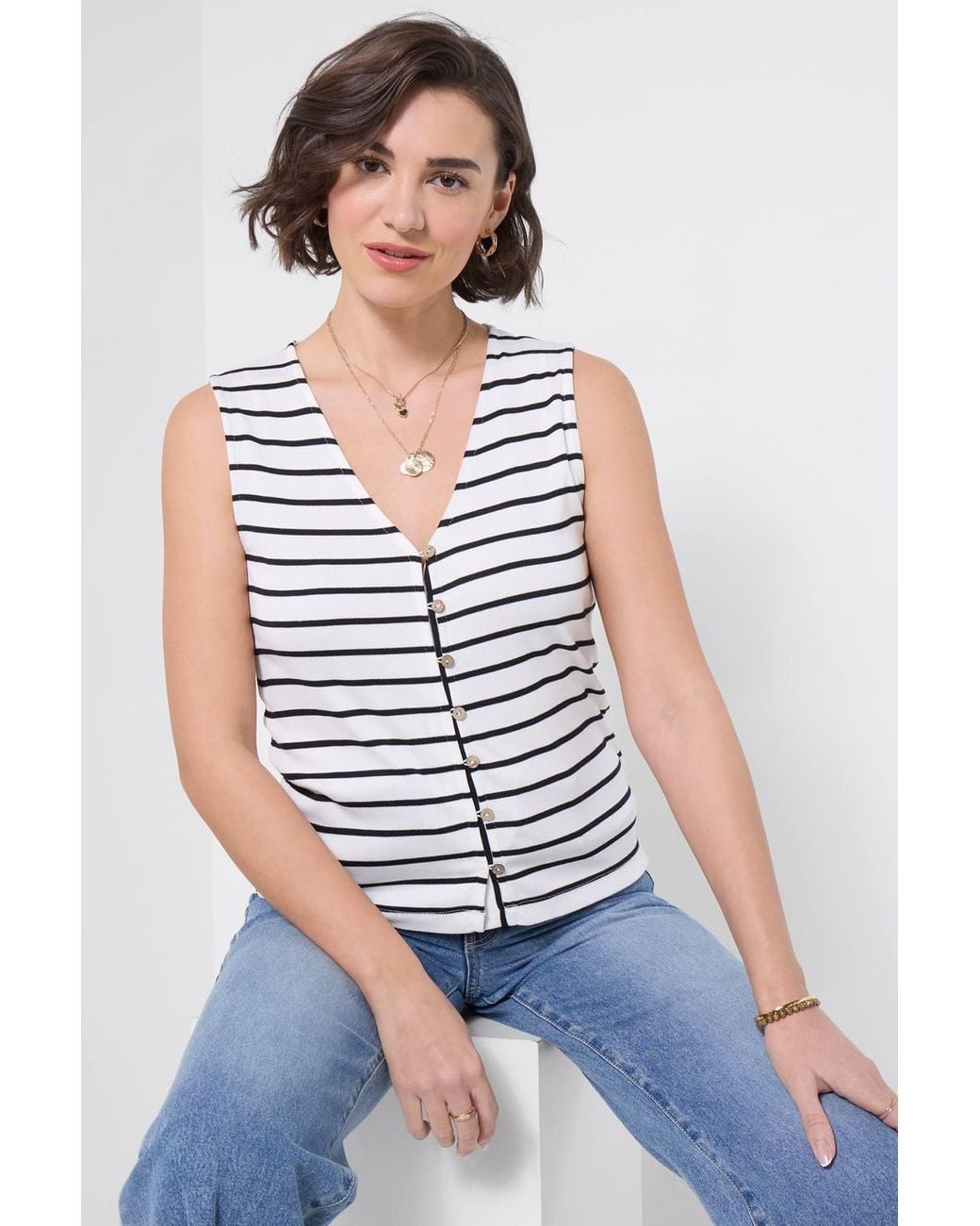 Joe Browns White Striped Jersey Waistcoat With Button-Through Front