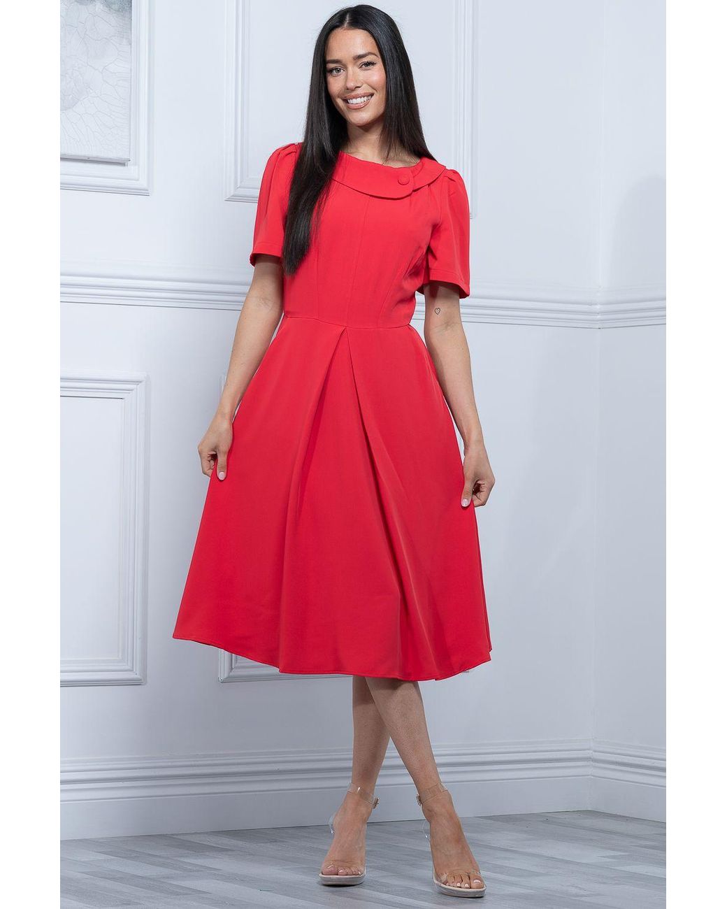 Jolie Moi Red Debora Button Neck Dress
