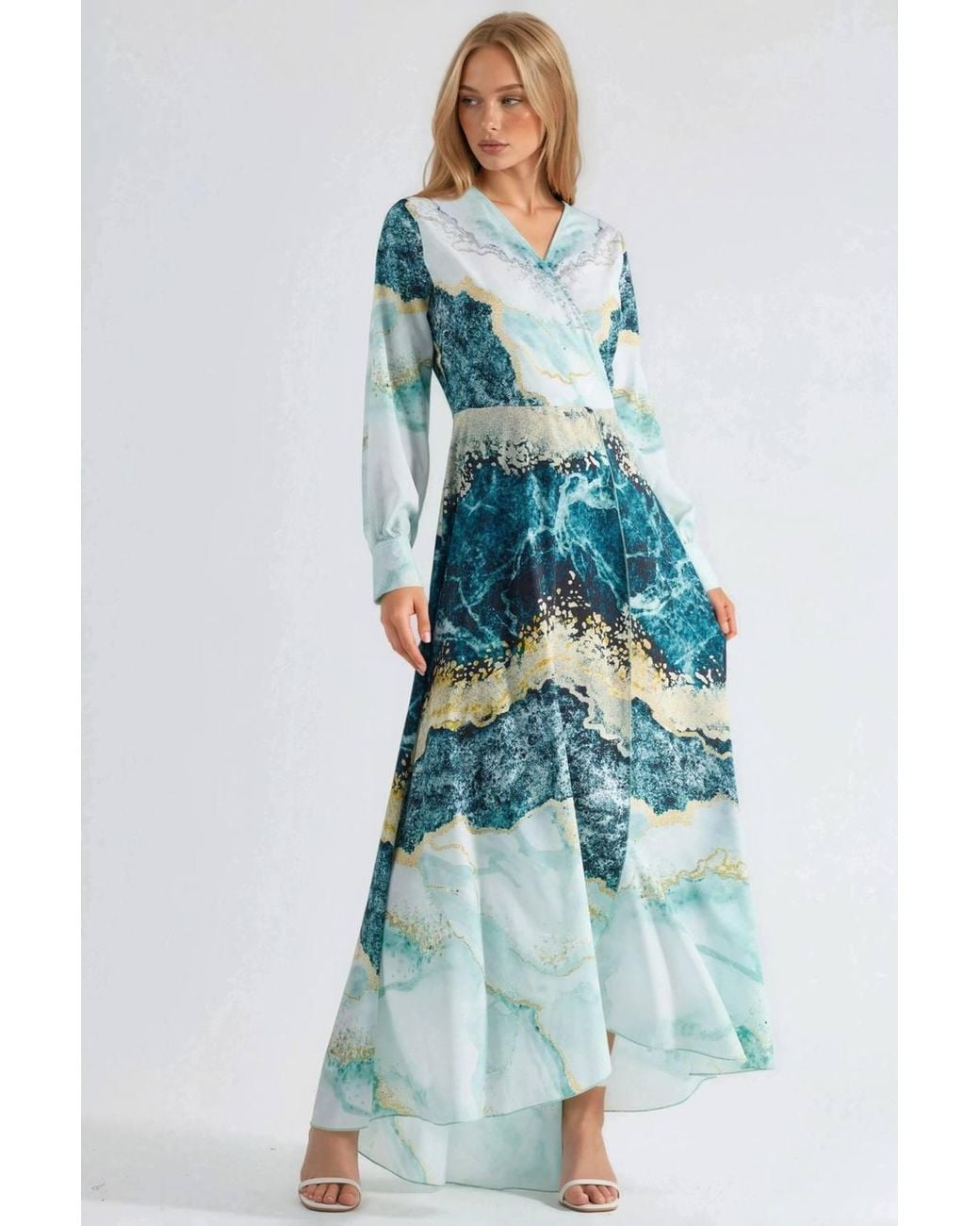 Msn-Collection Blue Abstract Print Long Sleeve Maxi Dress With Tie Detail