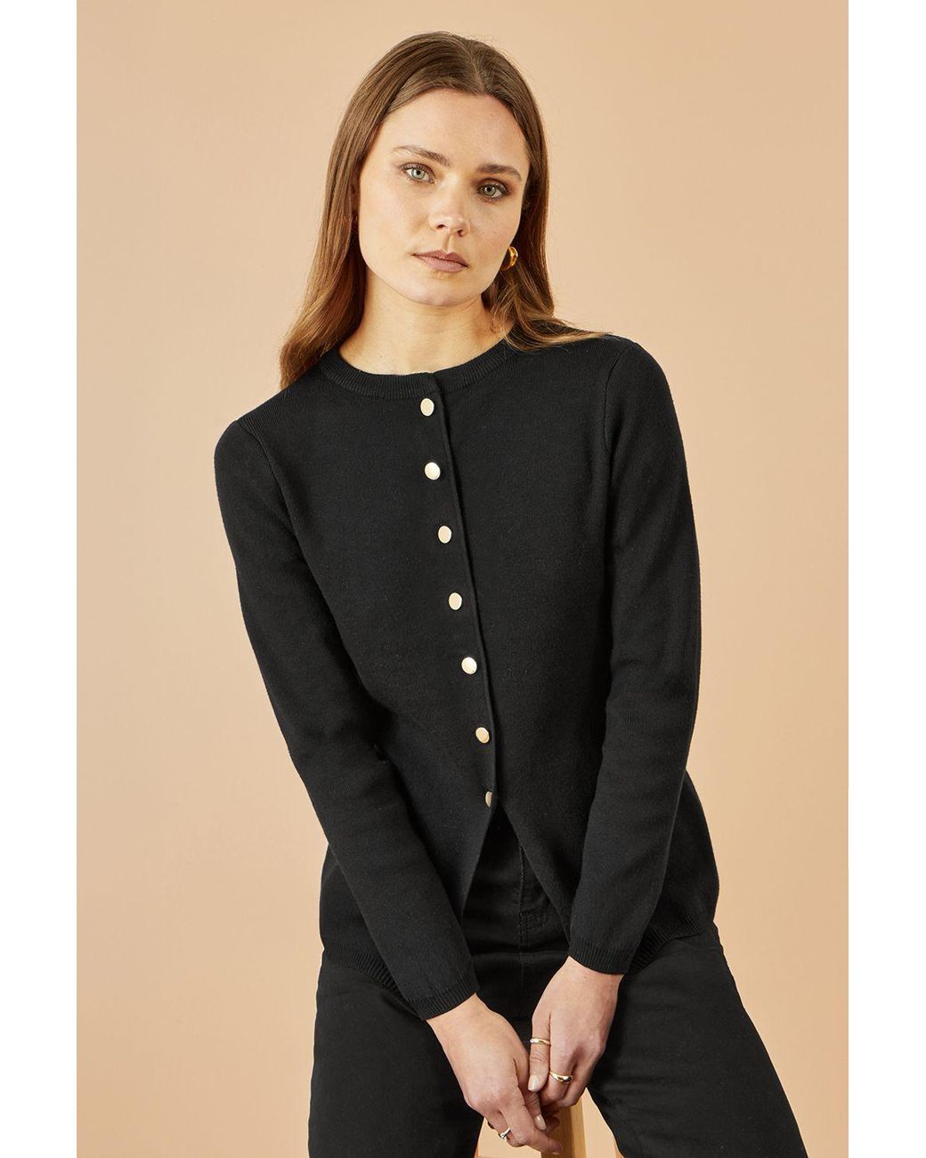 Yumi' Black Knitted Fitted Button Down Peplum Cardigan