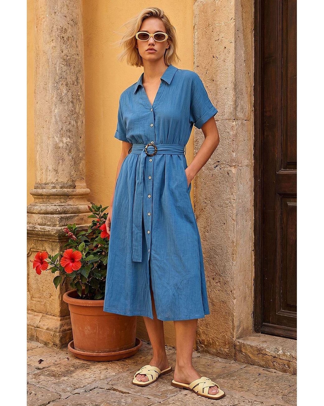 Roman Blue Linen Look Belted Shirt Dress