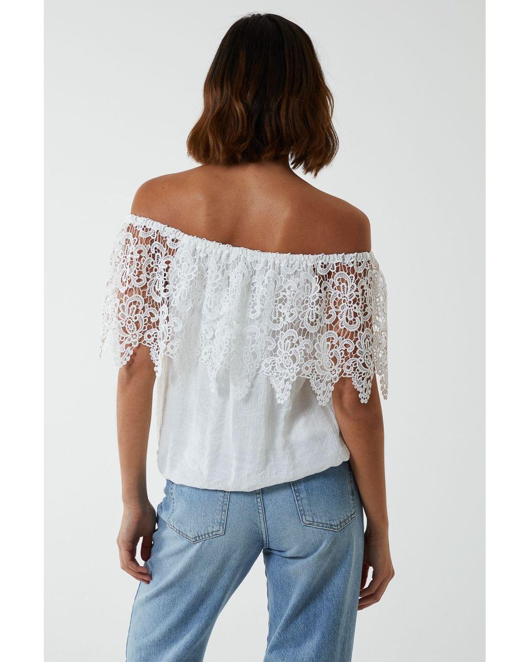 Blue Vanilla White Crochet Lace Puffball Top