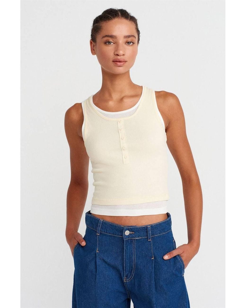 Dilvin Blue Cotton Ribbed Sleeveless Button Blouse