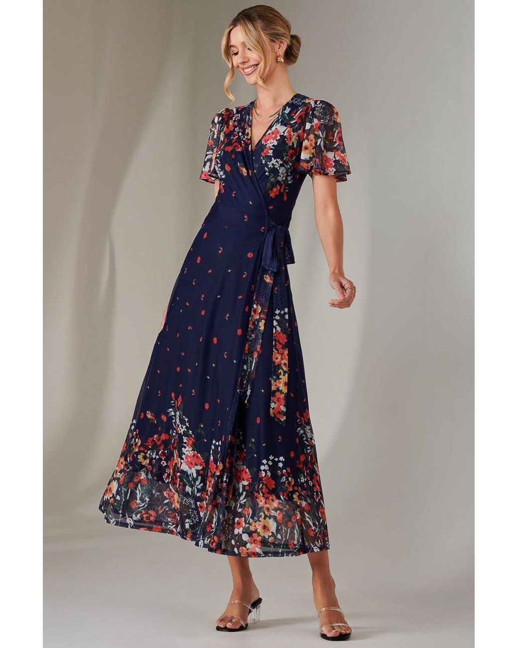 Jolie Moi Blue Mirror Print Mesh Wrap Maxi Dress