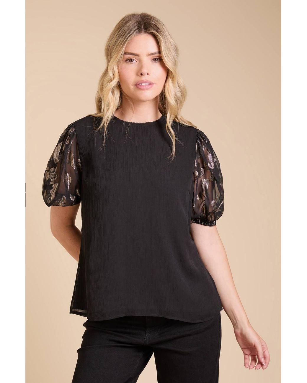 Dorothy Perkins Black Metallic Jacquard Puff Sleeve Top