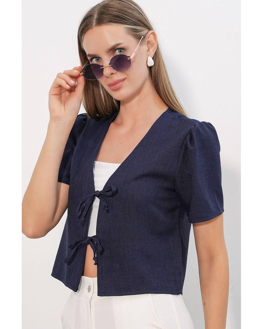 Bigdart Blue Textured V-Neck Linen Blend Crop Top