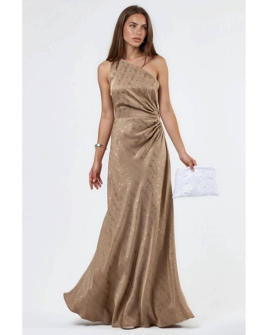 Hiccup Brown Patterned One-Shoulder Satin Dress With Cut-Out Detail