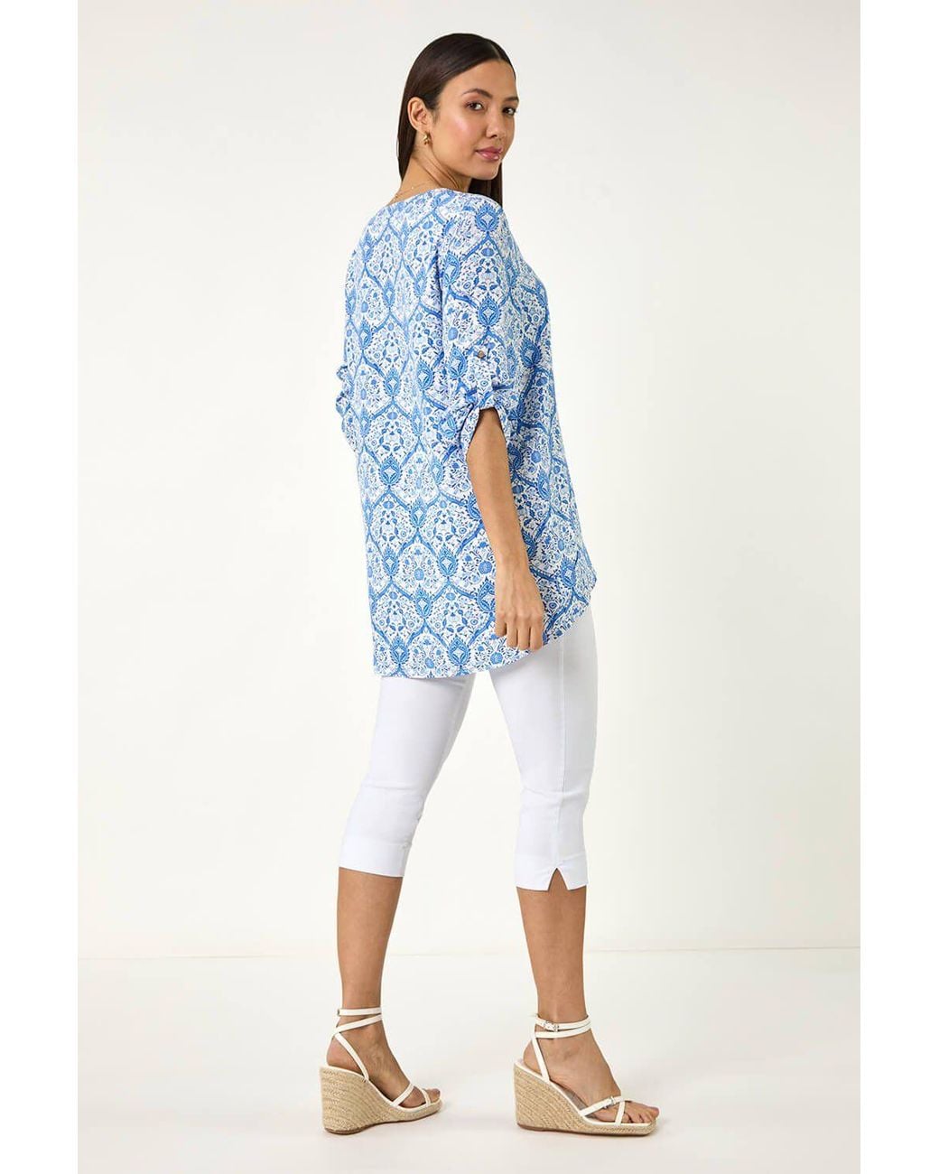 Roman Blue Floral Printed Button Detail Top