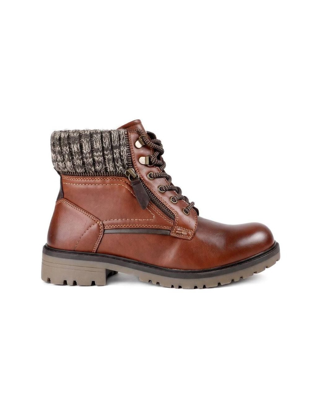 Pavers Brown Knitted Cuff Zip Design Lace Up Ankle Boots