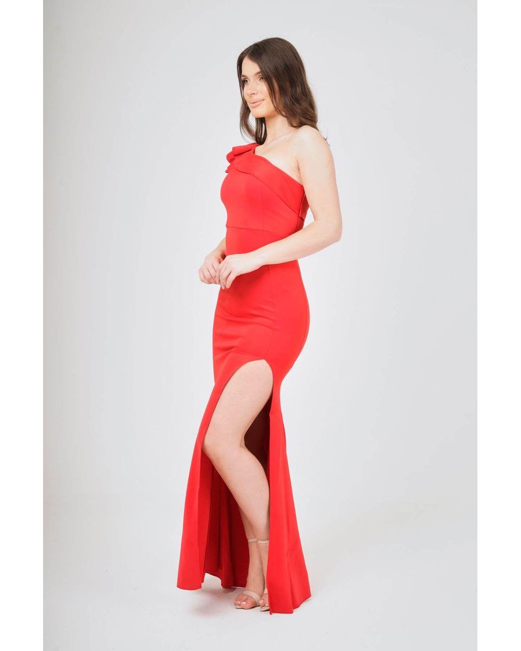 LuvForever Fashion Red Frilled One Shoulder Maxi Dress