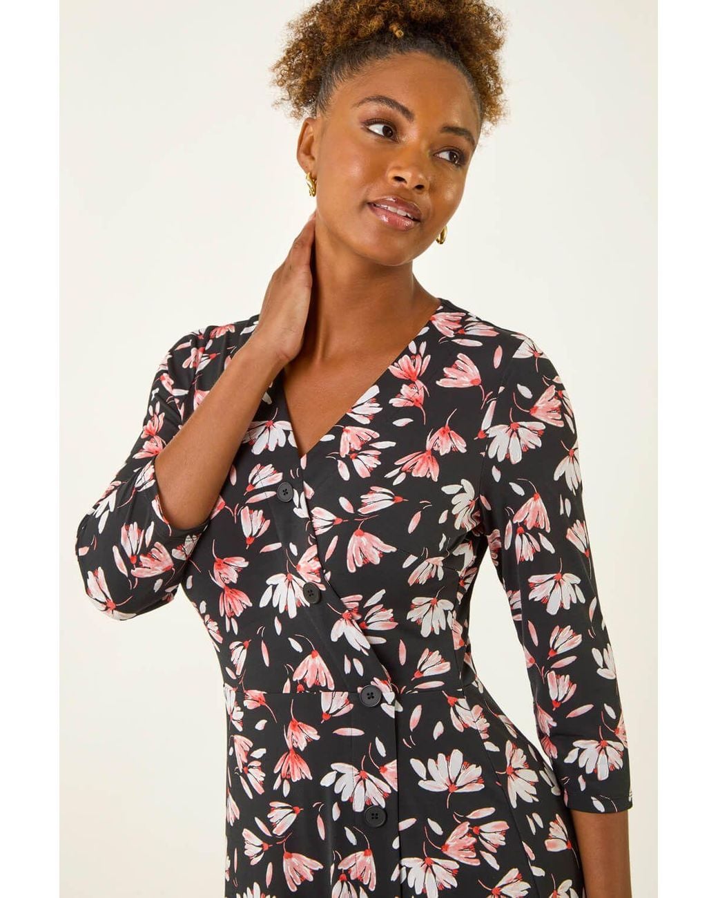 Roman Black Floral Print Midi Stretch Dress